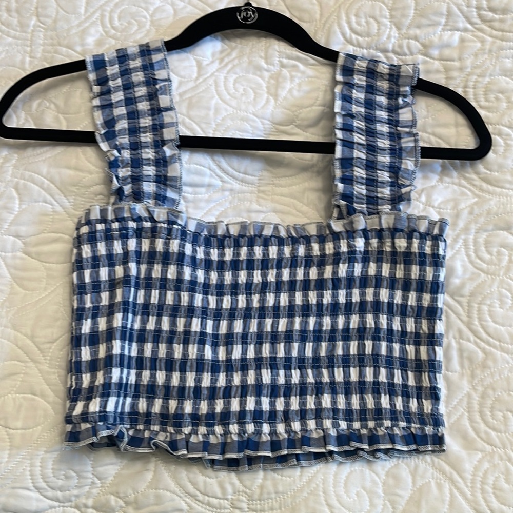 PINK Lily white and blue ruffled crop top size small